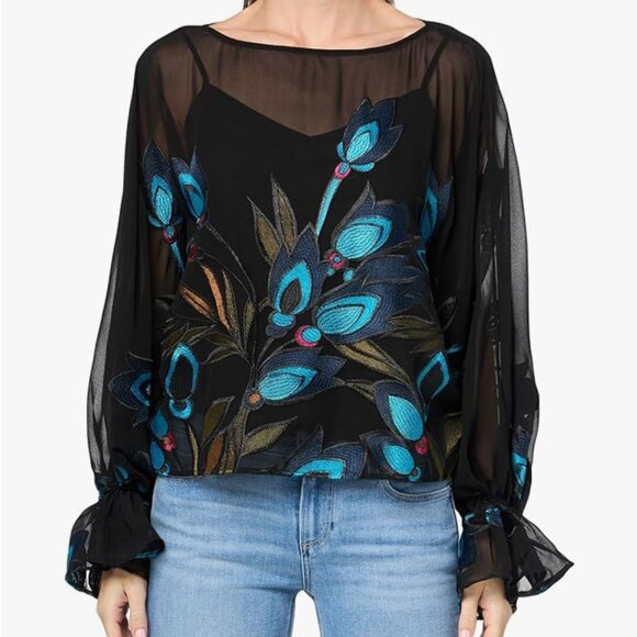 Trina Turk, Soho Top, Embroidered Sheer Georgette , Size XL - Picture 1 of 8
